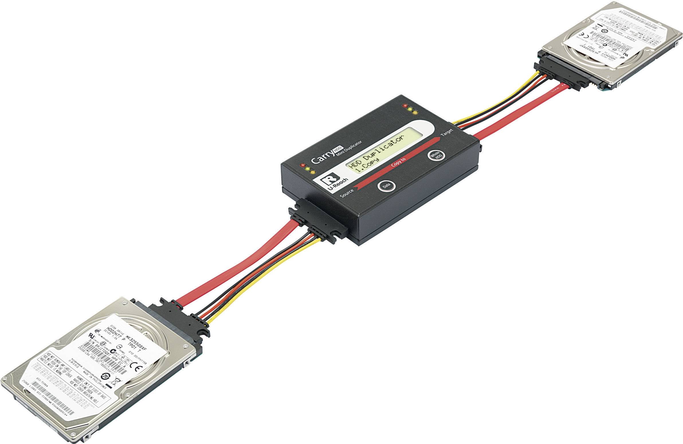 Een harddiskkopieertoestel verbindt twee harde schijven met gekleurde kabels voor gegevensoverdracht.