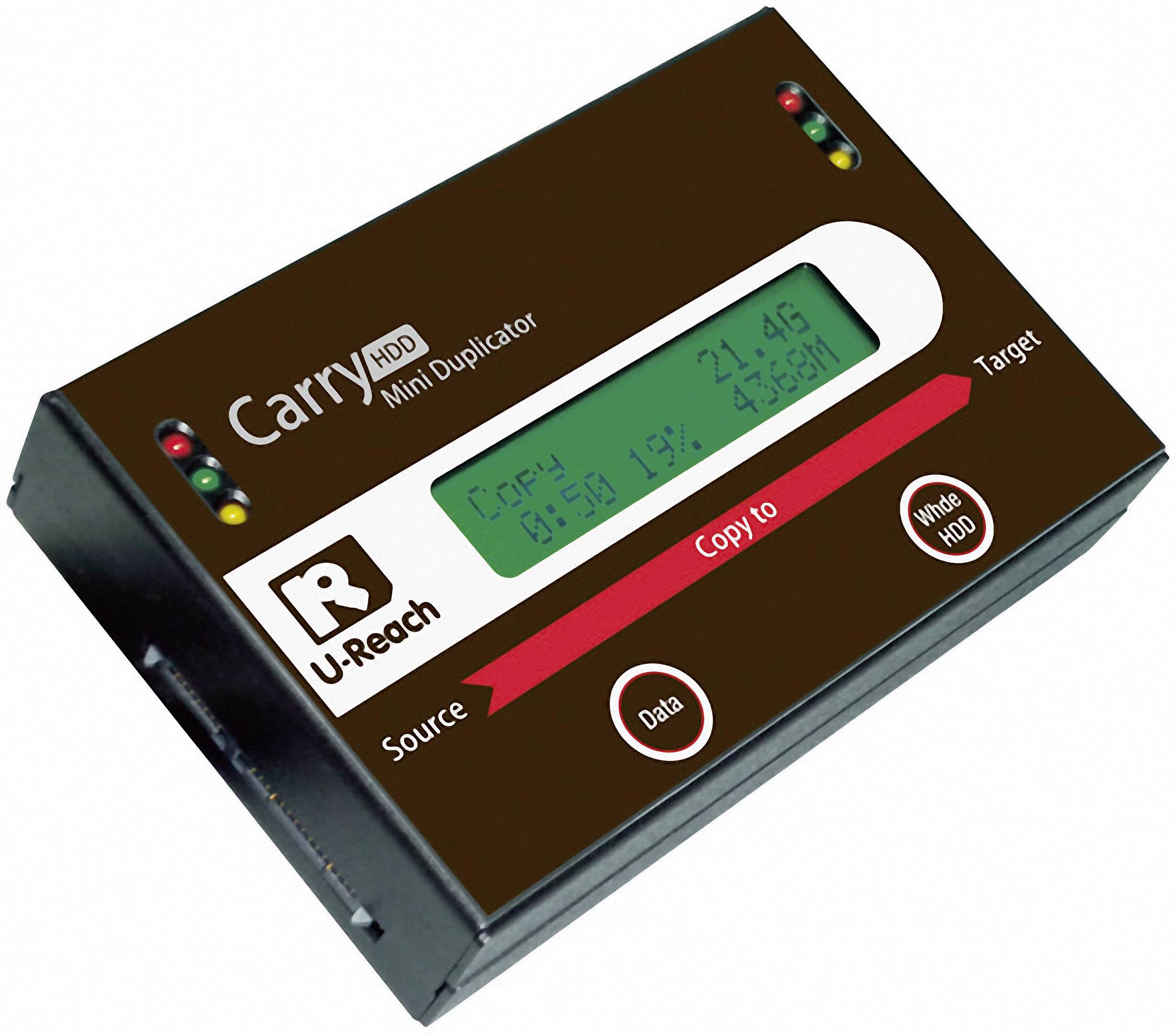Een mini-harde schijf duplicator met display toont kopieervoortgang: 'Copys 24:46', '50.19%'. Merknamen en controlelampjes zijn zichtbaar.