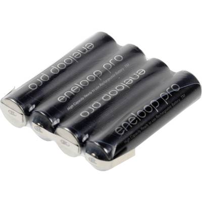 Vier zwarte, naast elkaar liggende, oplaadbare AA-batterijen van het merk 'eneloop pro'.