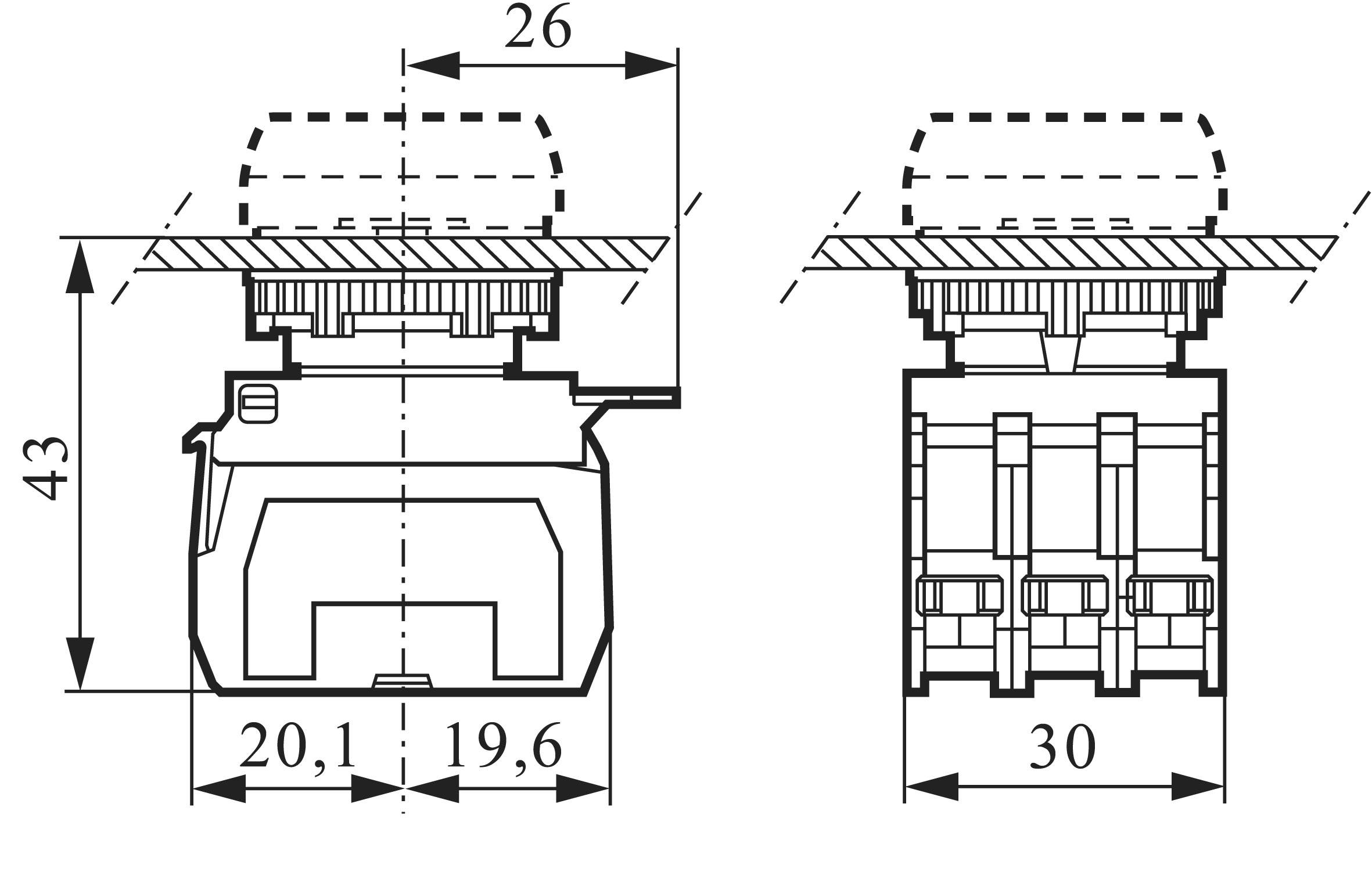 Technische tekening van een schakelaar met afmetingen: hoogte 43 mm, breedte 26 mm, diepte 30 mm. Toont voor- en zijaanzicht.