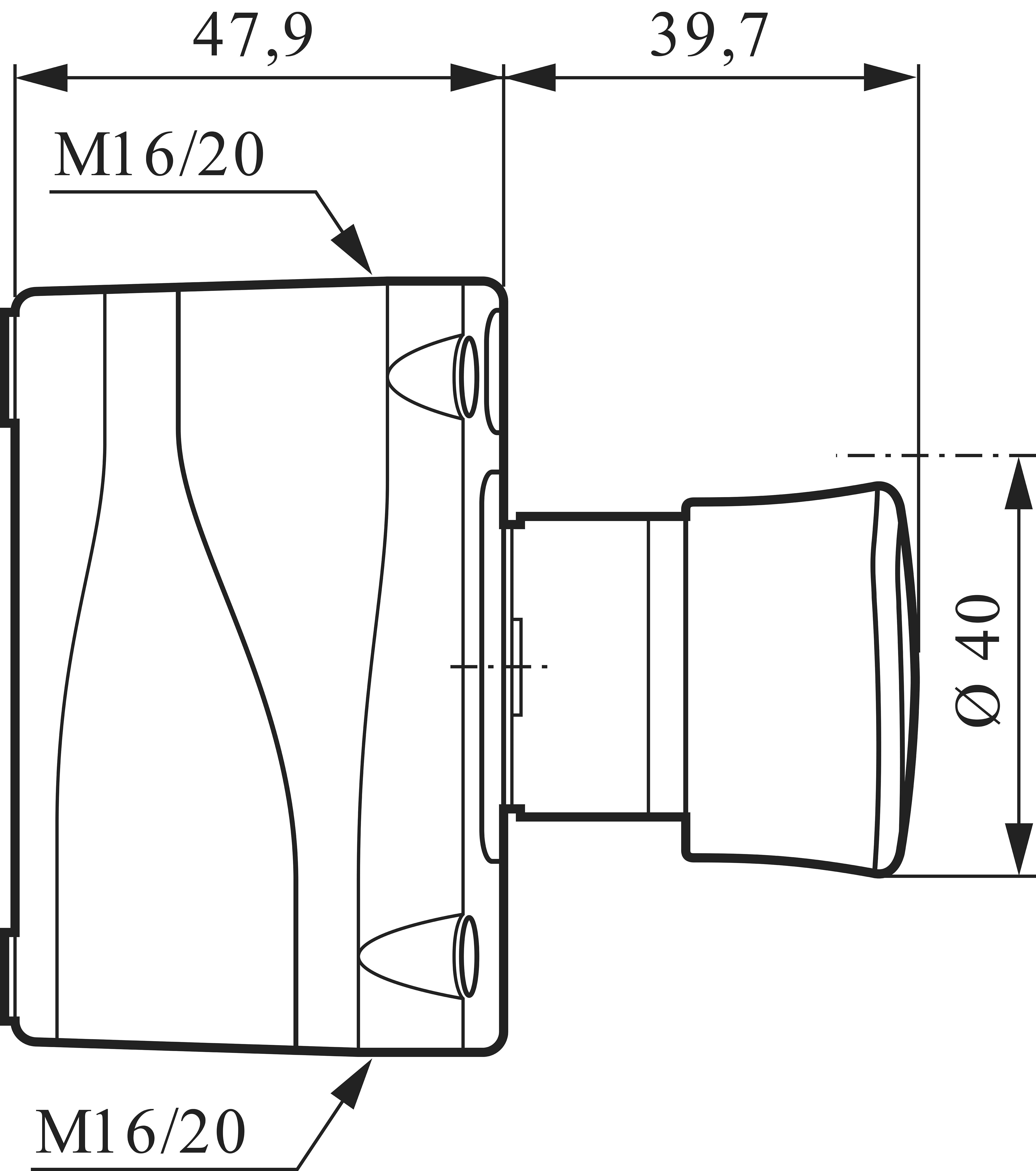 Technische tekening van een cilindrisch onderdeel met afmetingen: totale breedte 47,9, lengte van het cilindrische deel 39,7, diameter 40, schroefdraad M16/20.