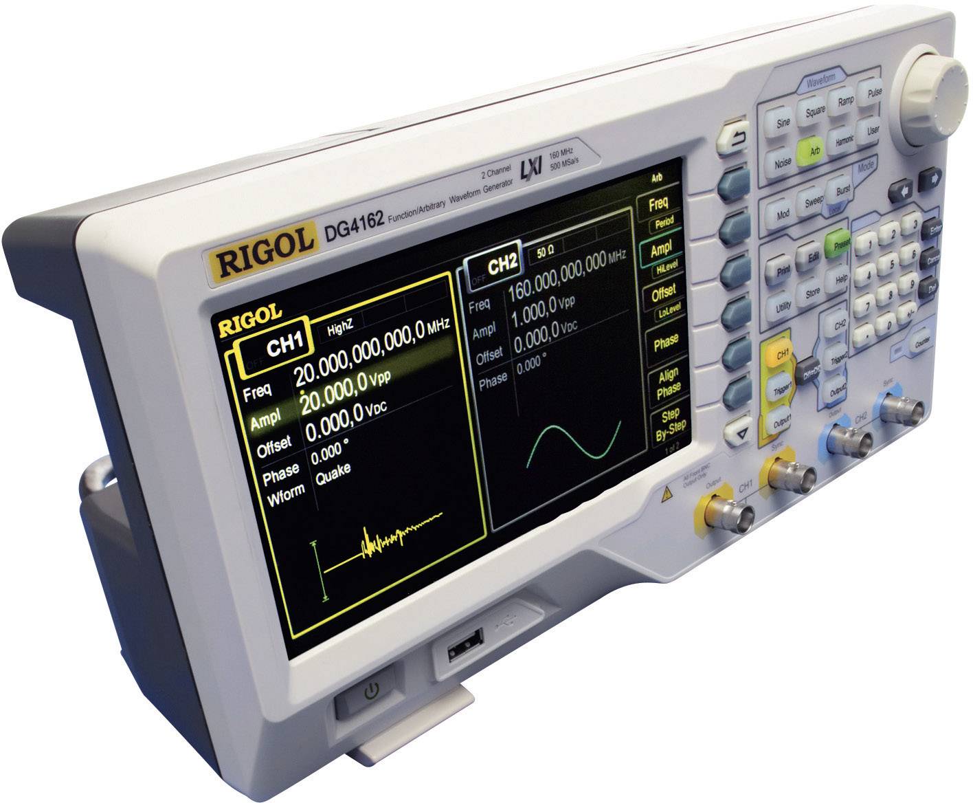 Een oscilloscoop met een digitaal display toont twee kanalen en hun instellingen om signalen te analyseren.