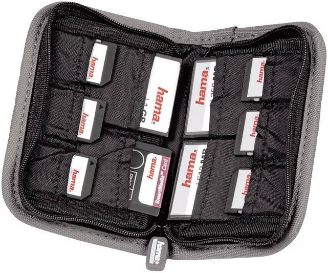'Opened Hama carry bag with multiple SD cards, organized in individual compartments for safe transport and storage.'