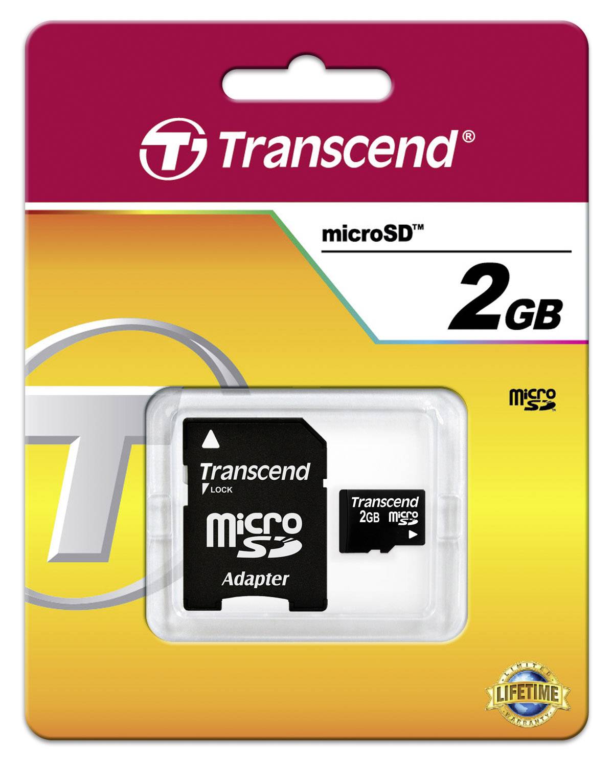 'Transcend microSD 2GB', geheugenkaart in verpakking. Bevat adapter. Verpakking toont logo's en grootte. Geschikt voor digitale opslag toepassingen.