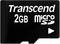 Zwarte MicroSD-kaart met witte opdruk: 'Transcend 2GB'.