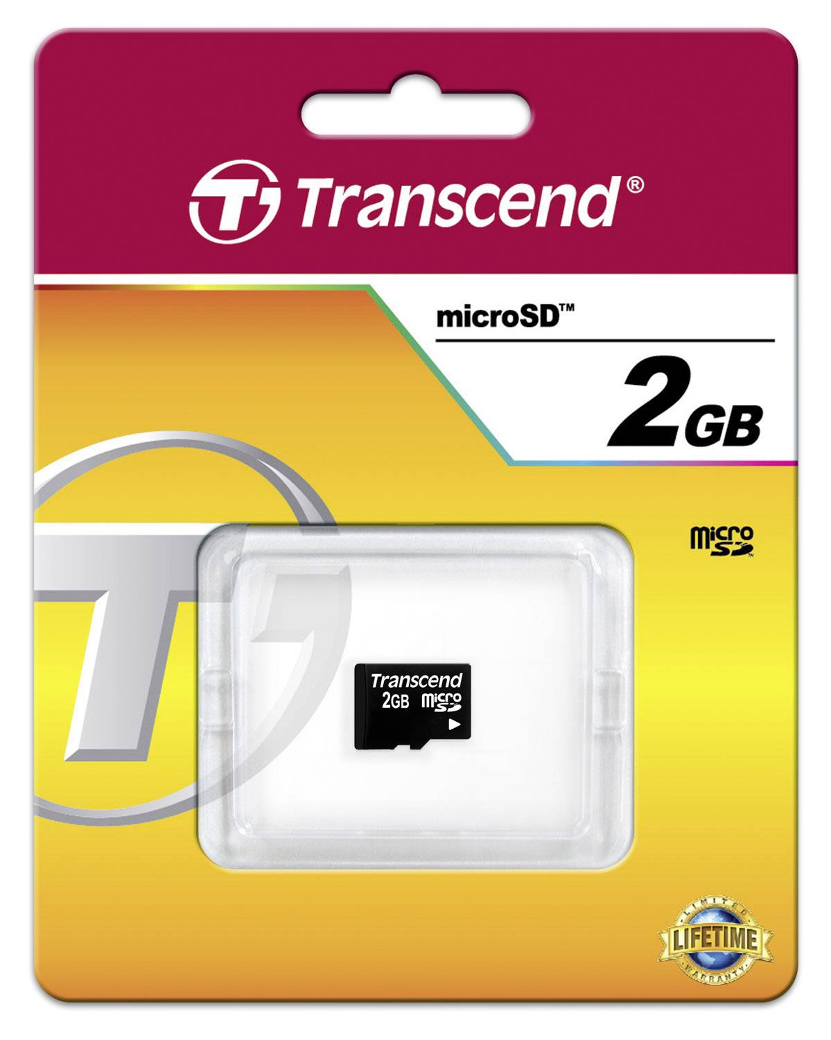 Verpakking van een Transcend microSD-kaart met 2 GB opslagcapaciteit. Gele verpakking met rode rand en 'Levenslange garantie'-logo.