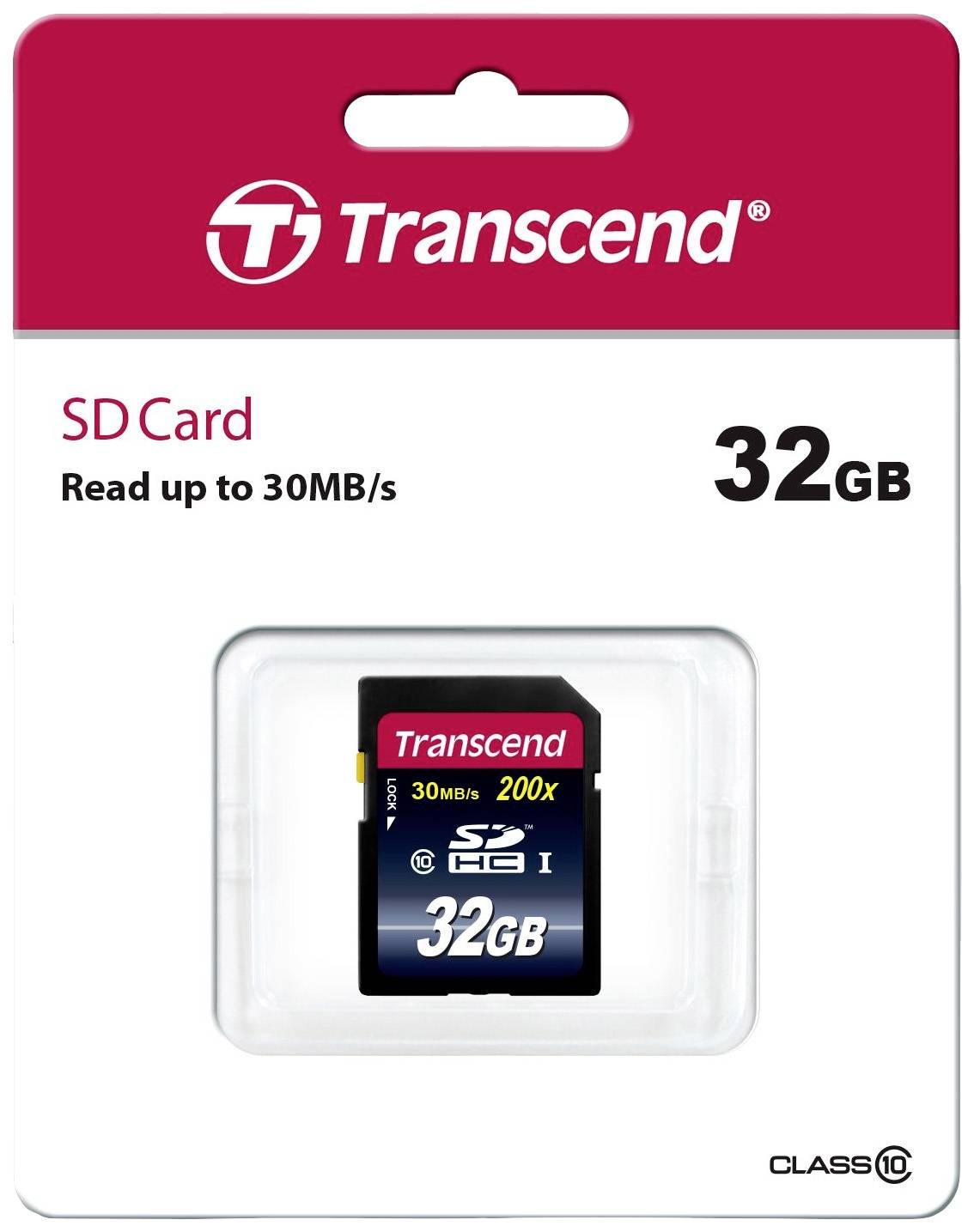 Verpakking van een Transcend SD-kaart met 32GB opslagcapaciteit en een leessnelheid tot 30MB/s, Class 10.