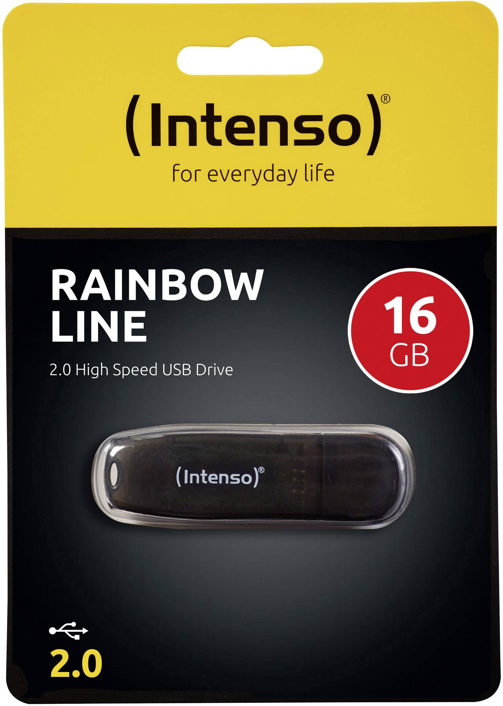 Intenso USB-stick Rainbow Line, 16 GB, High-Speed 2.0, in verpakking. Zwart, benadrukt snelheid en opslagcapaciteit.
