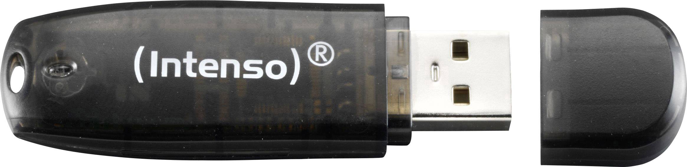 USB-stick met een transparant, zwart behuizing, met het opschrift 'Intenso'. De USB-aansluiting is zichtbaar, de dop is verwijderd.