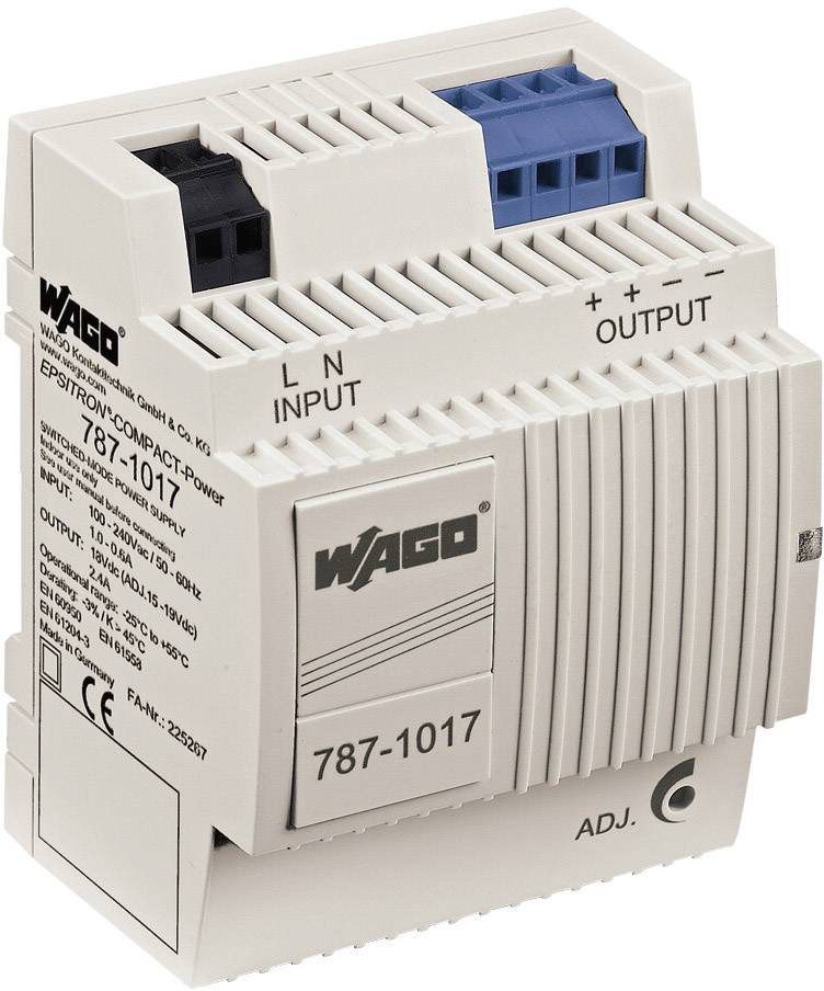 Wit elektrisch apparaat met aansluitingen voor 'Input' linksboven en 'Output' rechts. WAGO-logo zichtbaar. Geschikt voor DIN-railmontage.