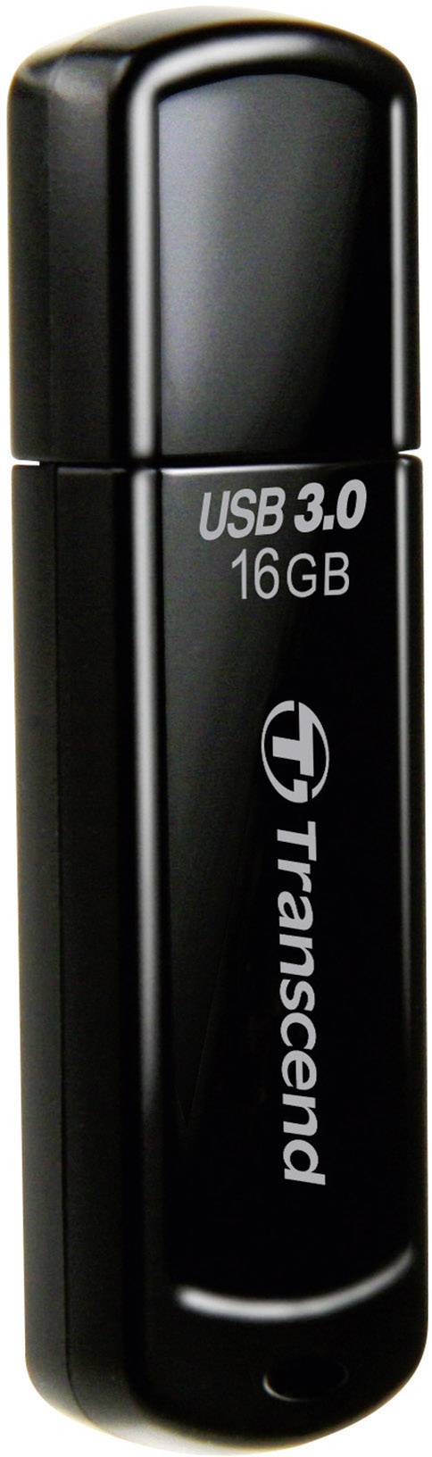 USB-stick met 16 GB opslag, zwarte behuizing. 'USB 3.0' en 'Transcend' zijn erop gedrukt.