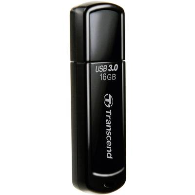 USB-stick met 16 GB opslag, zwarte behuizing. 'USB 3.0' en 'Transcend' zijn erop gedrukt.