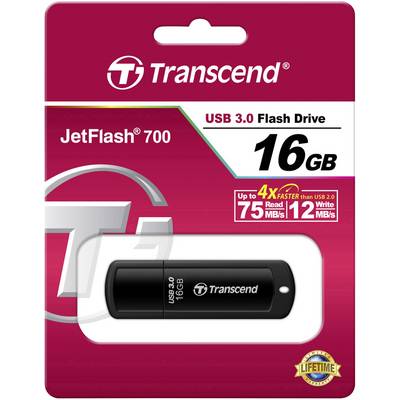 Een Transcend JetFlash 700 USB 3.0 geheugenstick met 16 GB opslagcapaciteit in een rode verpakking.
