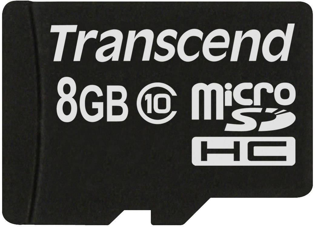 Een zwarte Transcend microSD-kaart met 8 GB opslagcapaciteit, klasse 10.