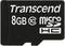 Een zwarte Transcend microSD-kaart met 8 GB opslagcapaciteit, klasse 10.