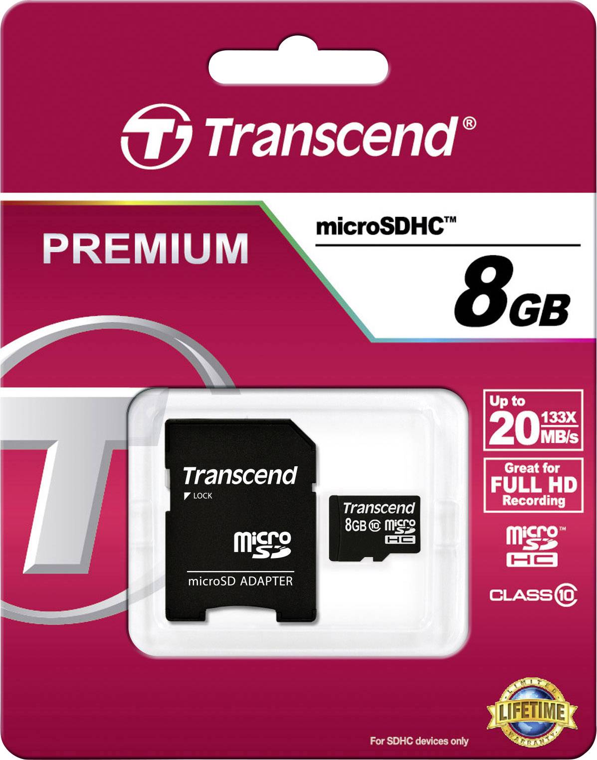 Transcend microSDHC geheugenkaart, 8GB, Klasse 10, tot 20 MB/s, geschikt voor Full HD-opnamen. Inclusief adapter.