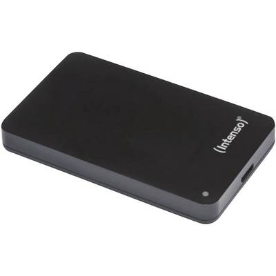 Externe harde schijf van Intenso, zwart, compact, rechthoekig, met een kleine LED-indicator en USB-aansluiting aan één zijde.