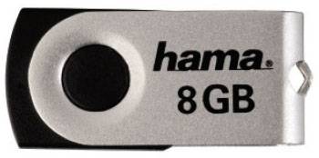 Een zilveren USB-stick van het merk Hama met een opslagcapaciteit van 8 GB.