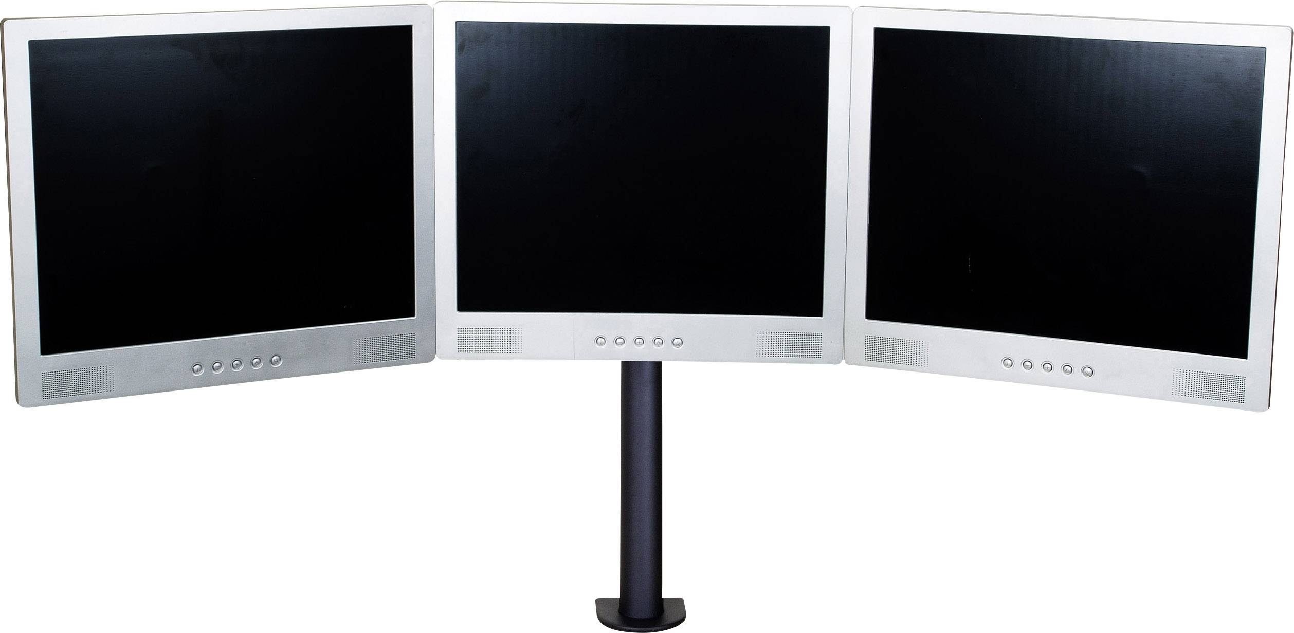 Drie naast elkaar geplaatste flatscreens op een standaard, die zijn uitgeschakeld.