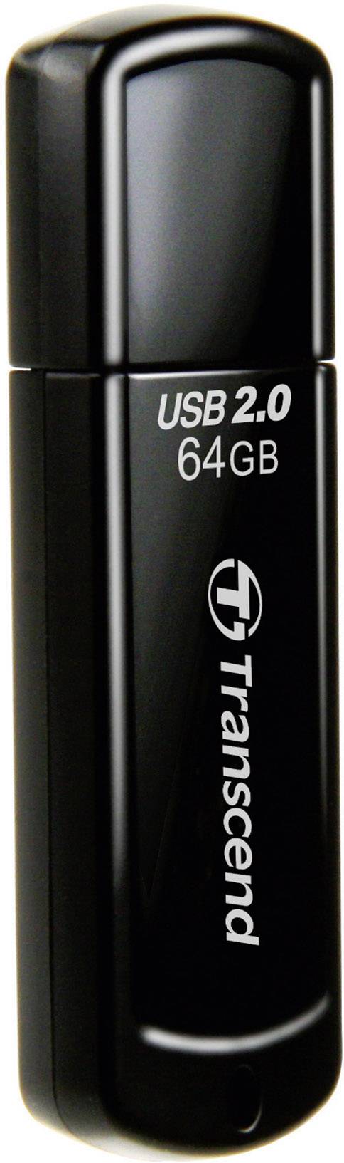 Zwarte USB-stick van Transcend met 64GB opslagcapaciteit, opschrift 'USB 2.0'.