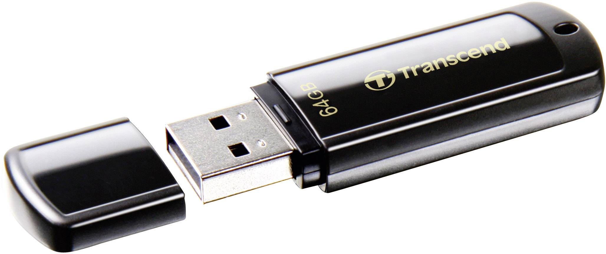 Een zwarte USB-stick zonder dop, waarop 'Transcend 64GB' staat.