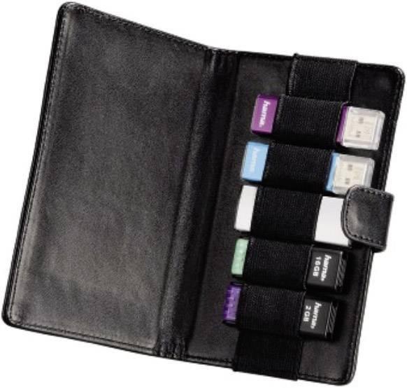 Een zwart etui met elastische banden houdt meerdere USB-sticks van verschillende kleuren stevig op hun plaats.
