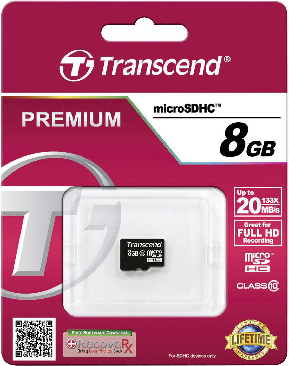 Verpakking van een Transcend microSDHC-kaart, 8 GB, Klasse 10, geschikt voor Full HD-opnames, met geheugenadapter.