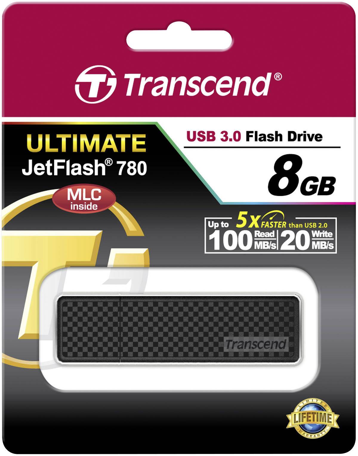 Transcend USB 3.0 Flashdrive, 8 GB, JetFlash 780, zwarte verpakking. Tot 100 MB/s lezen en 20 MB/s schrijven, MLC-technologie.