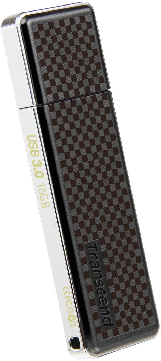 USB-stick met 16 GB opslagcapaciteit, USB 3.0-ondersteuning, zwart met ruitjespatroon. Markering: 'Transcend'.