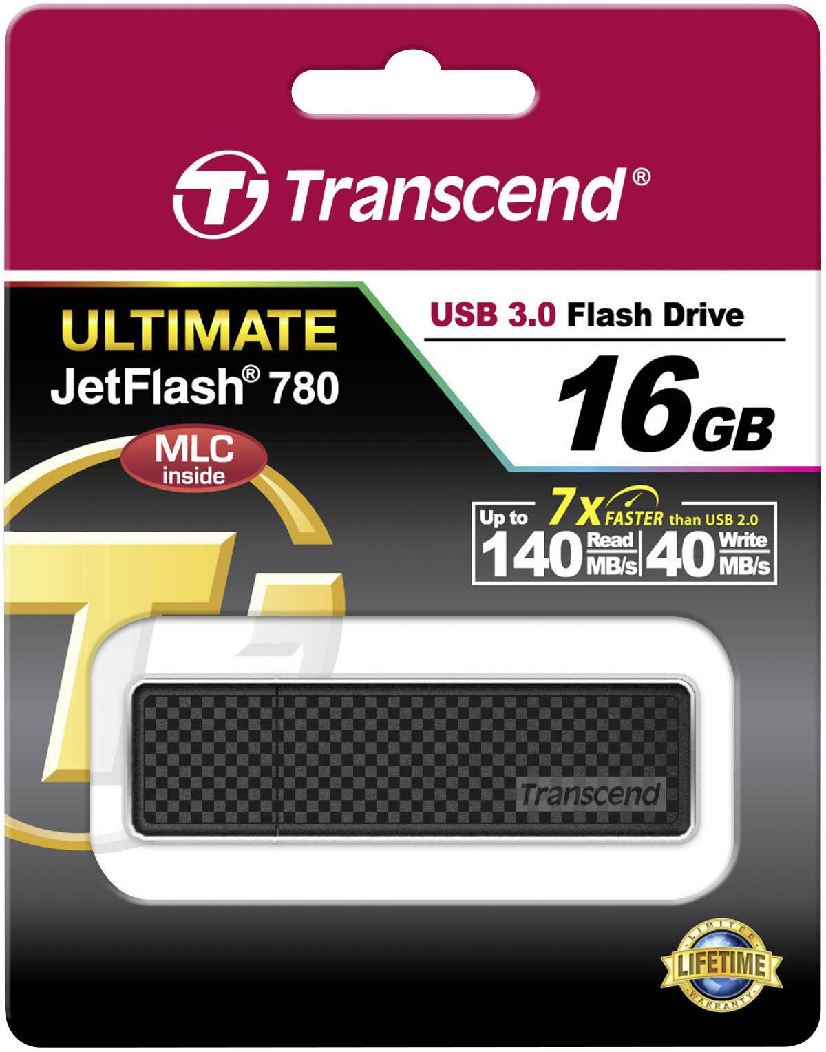 Transcend USB 3.0 Flash Drive, 16GB, JetFlash 780, tot 140MB/s lezen, 40MB/s schrijven, MLC-technologie, levenslange garantie.