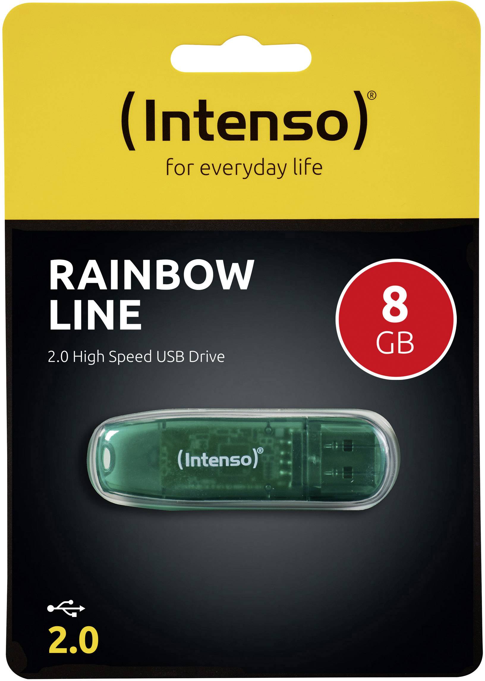 USB-stick 'Intenso Rainbow Line' met 8 GB capaciteit, 2.0 High Speed. Verpakking in geel en zwart.