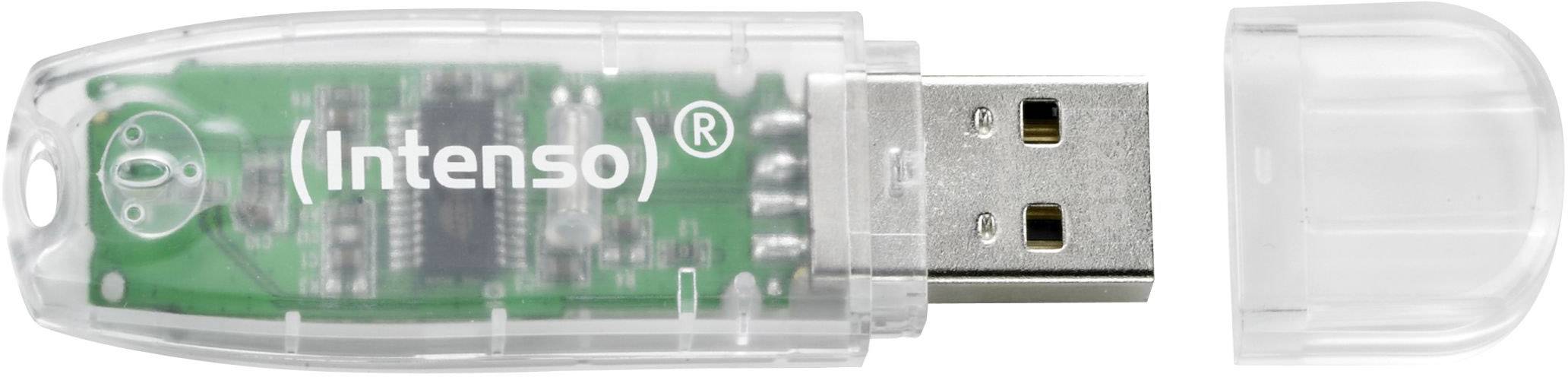 Een transparante USB-stick van het merk 'Intenso' met verwijderde beschermkap toont de zichtbare groene printplaat aan de binnenkant.