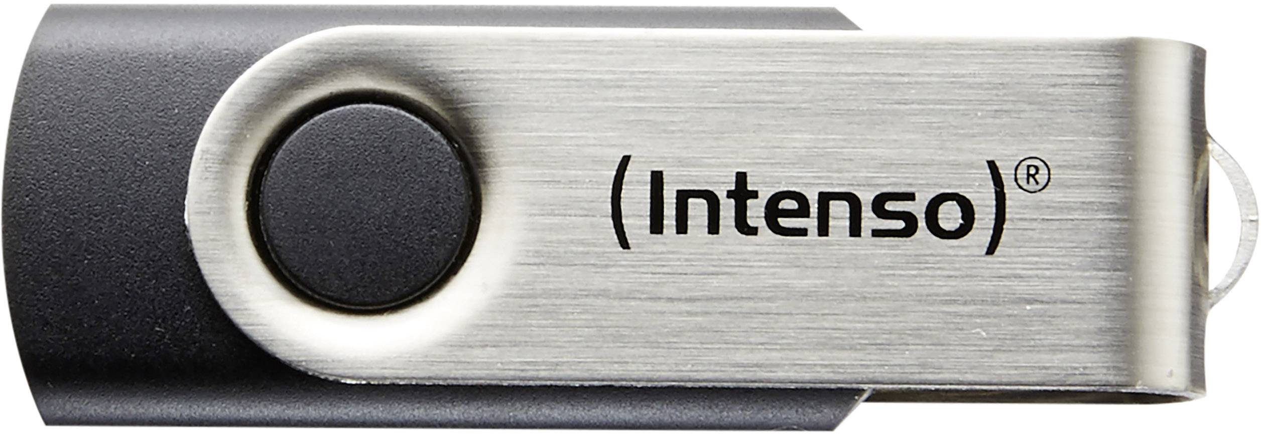 USB-stick met een zwarte behuizing en zilveren afdekking, met de opdruk 'Intenso'.