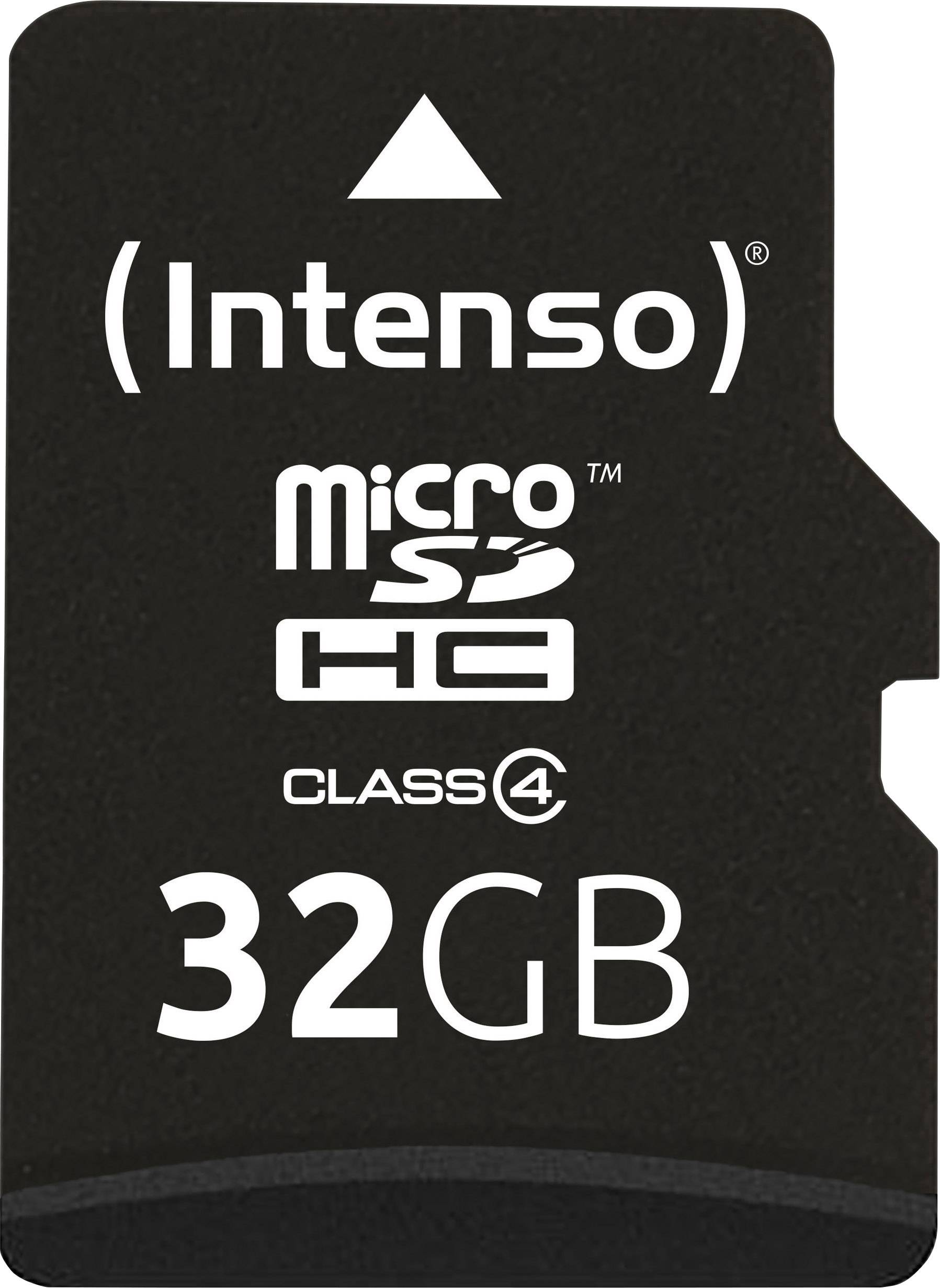 Zwarte MicroSD-kaart van het merk Intenso met 32 GBopslagcapaciteit, Klasse 4.