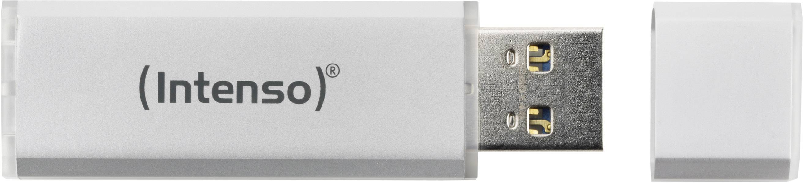Een witte USB-stick van het merk Intenso met afgenomen deksel, toont de USB-aansluiting.