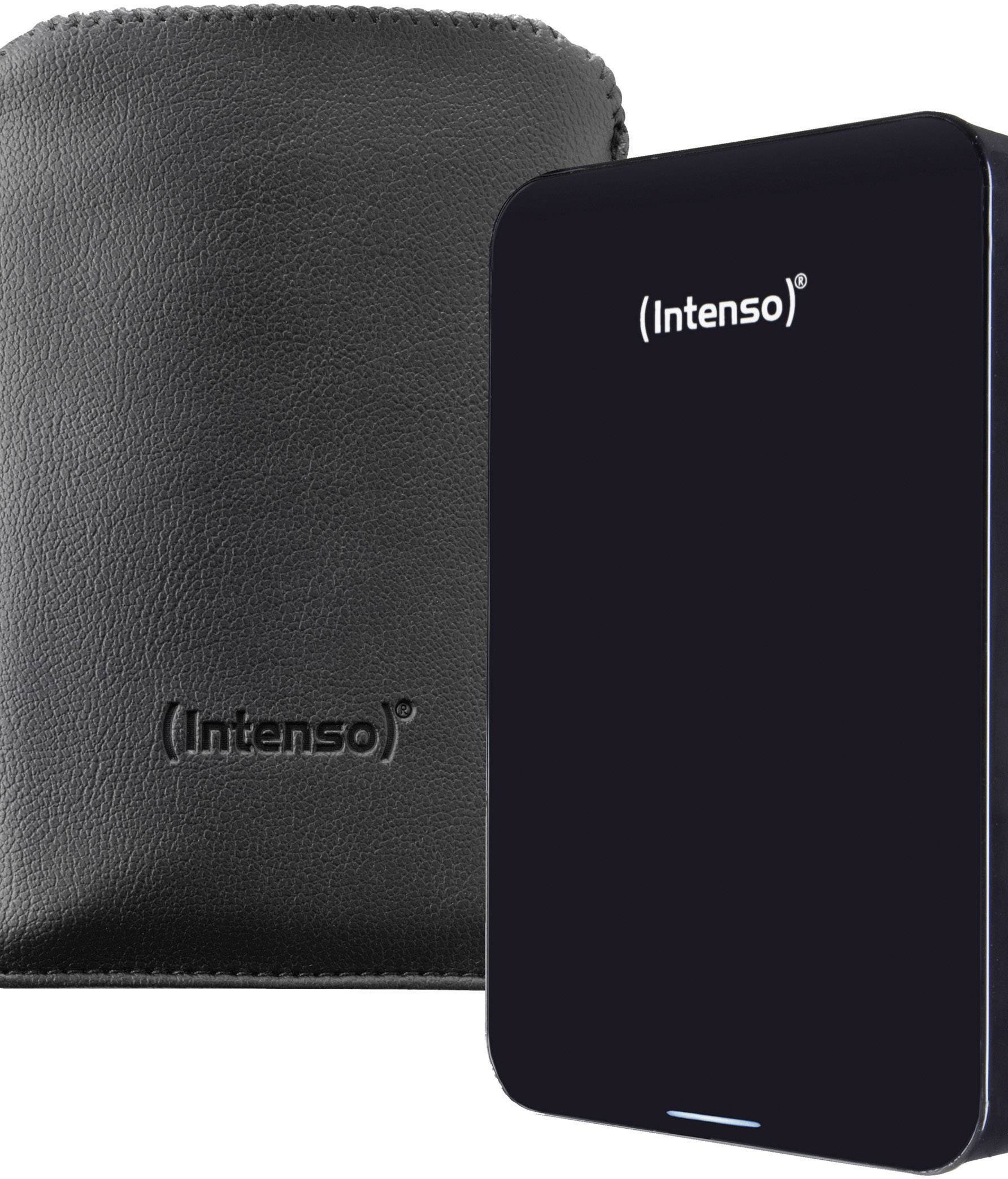 Externe harde schijf 'Intenso' met zwarte beschermhoes, slanke vormgeving. Geschikt voor gegevensopslag en -back-up.