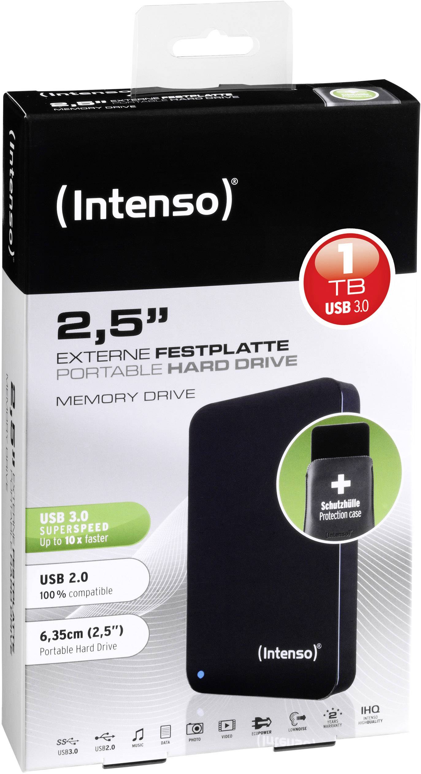 Externe harde schijf, 2,5 inch, merk Intenso, 1 TB opslagcapaciteit, USB 3.0, zwart. Verpakking toont productafbeelding en technische specificaties.