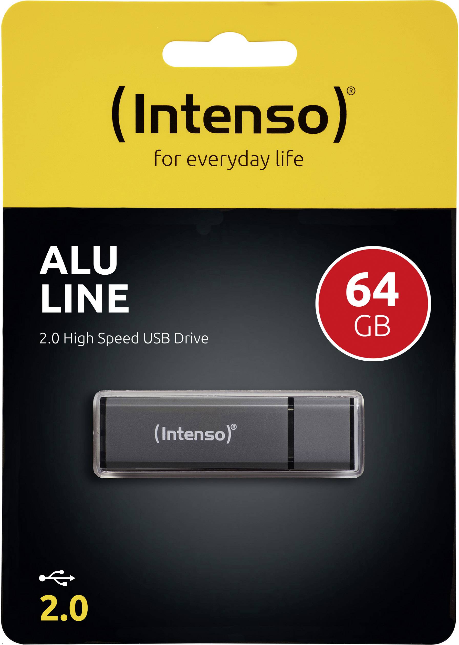 'Intenso ALU LINE 64 GB 2.0 High Speed USB-stick' in zwarte verpakking met gele achtergrond.