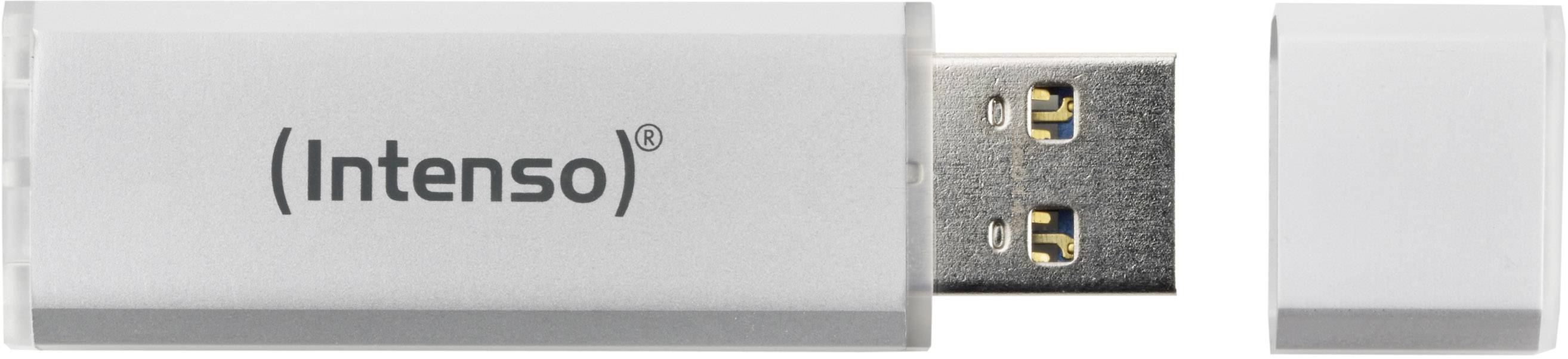 Een witte USB-stick van het merk 'Intenso' met verwijderde dop, waarbij de USB-aansluiting zichtbaar is. Ideaal voor gegevensopslag en -overdracht.
