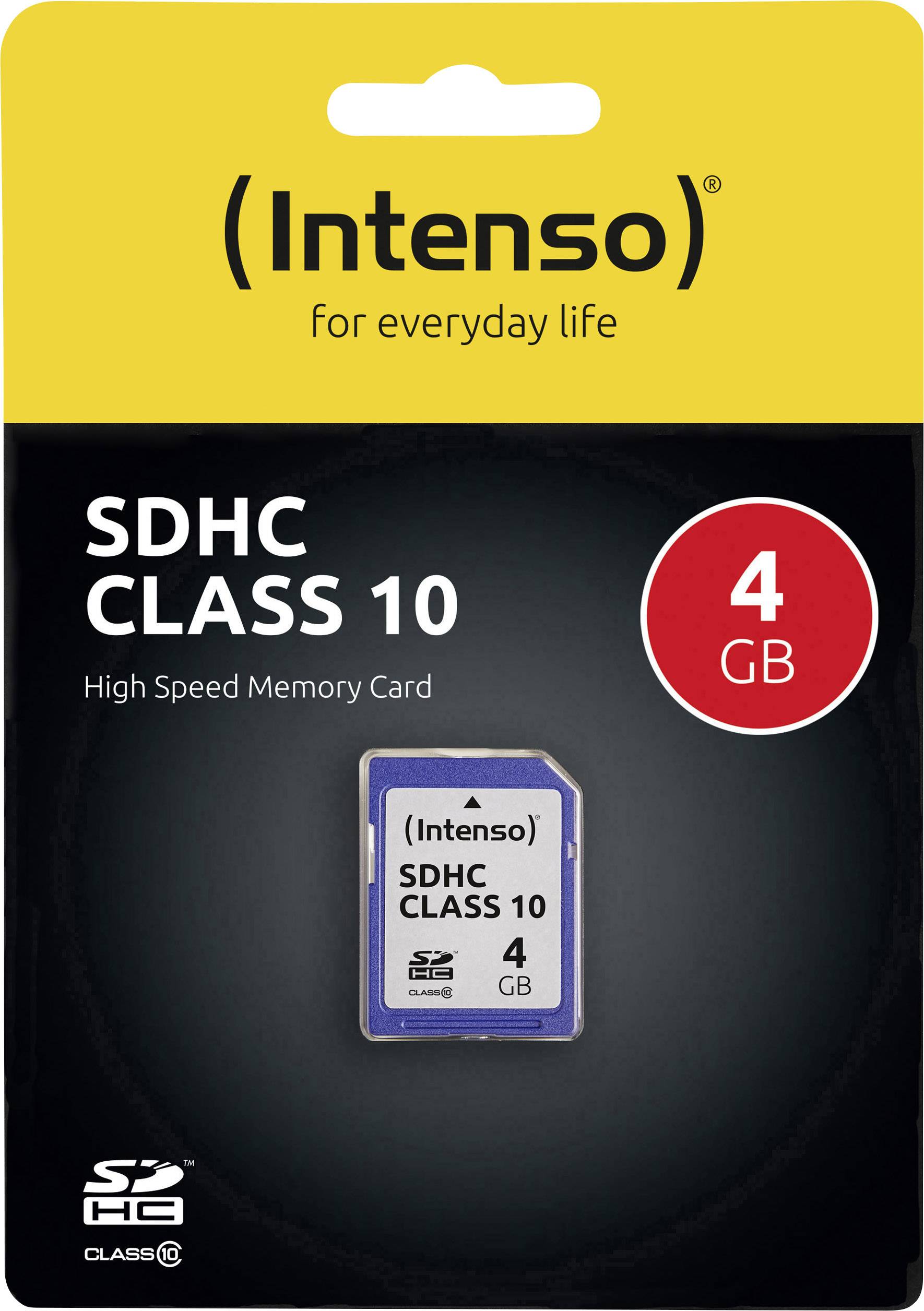 Verpakking van een Intenso SDHC Class 10 geheugenkaart met 4 GB capaciteit. Zwarte achtergrond met gele bovenrand.