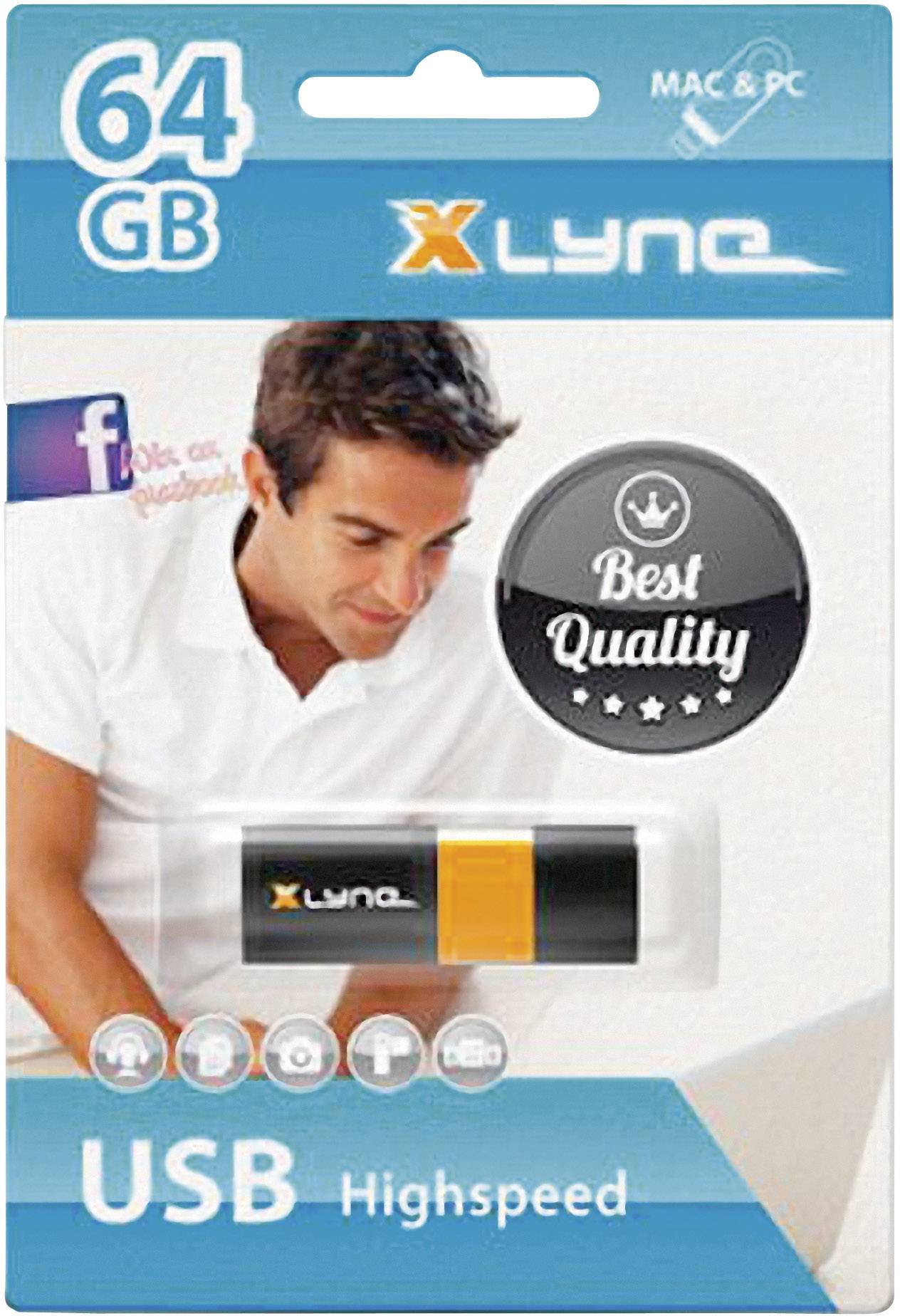 USB-geheugenstick verpakking, 64 GB, compatibel met Mac en PC, met opschrift 'Best Quality'. Bevat een afbeelding van een man.