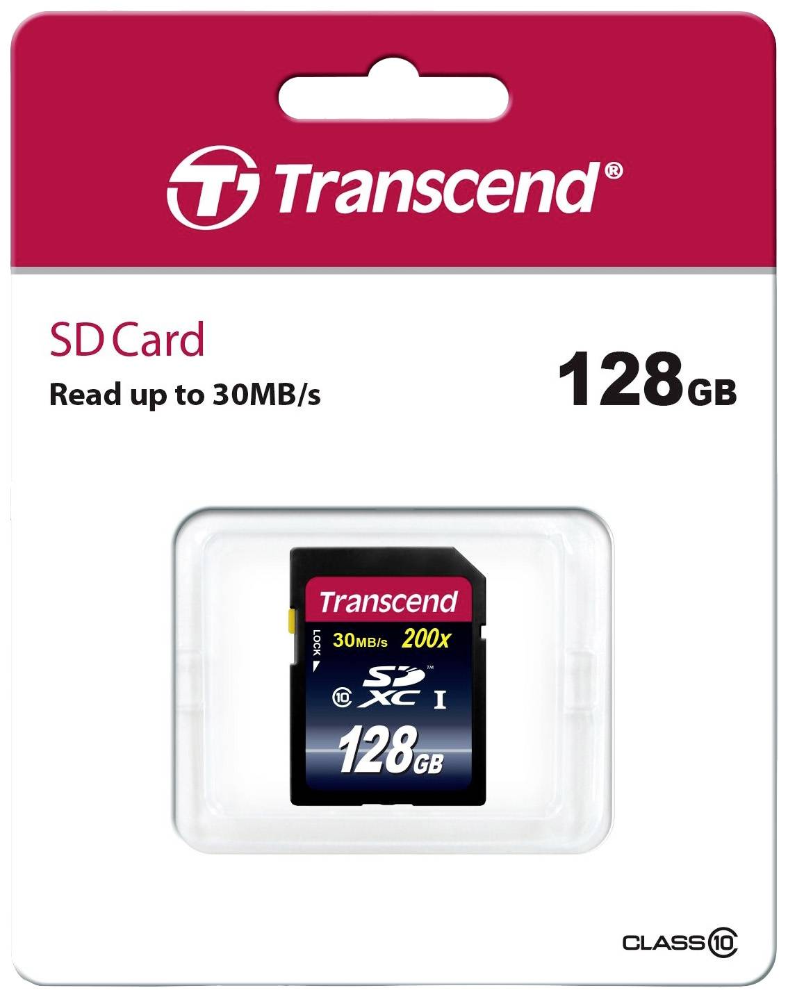 Transcend SD-geheugenkaart, 128 GB, Klasse 10, Schrijfsnelheid tot 30 MB/s. Verpakking met rood logo en productafbeelding.