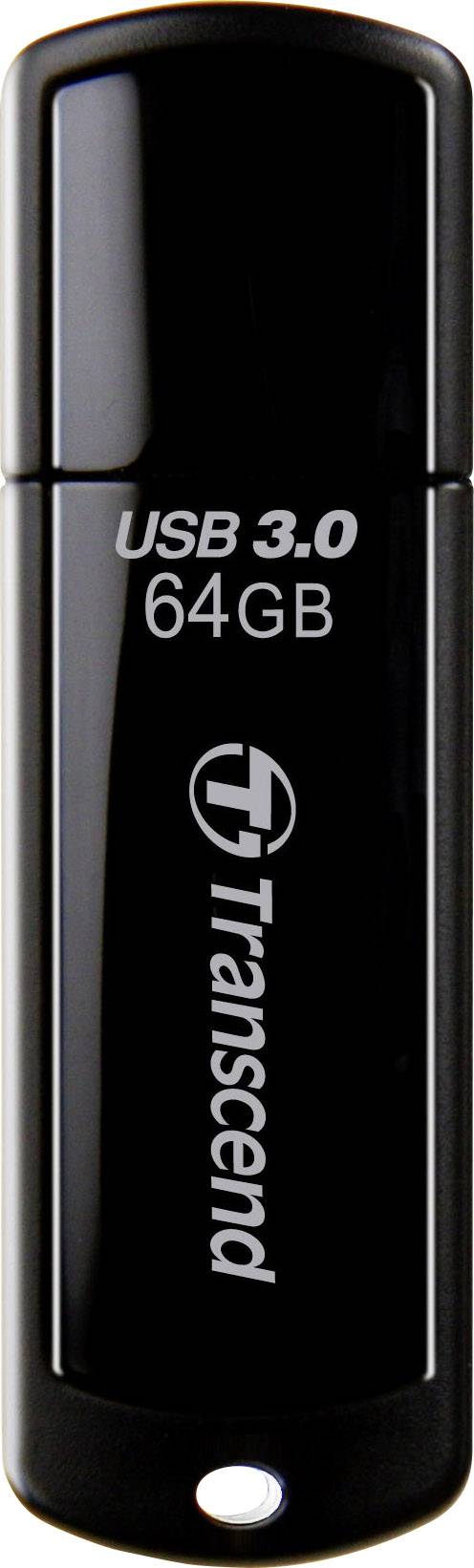 Zwarte USB-stick met 'USB 3.0 64GB' opschrift en Transcend-logo.
