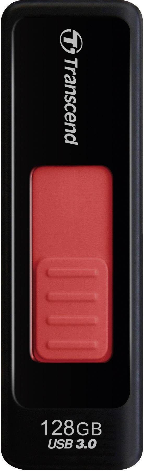 Een USB 3.0-stick van Transcend met 128 GB opslagcapaciteit in zwart en rood.