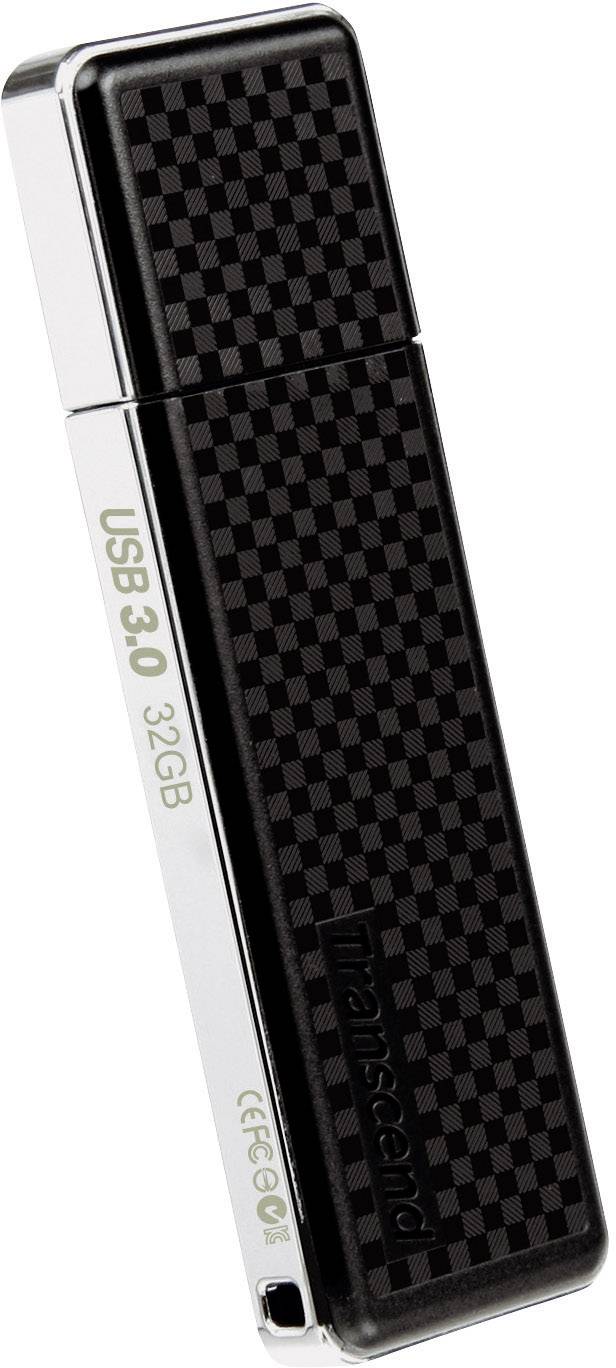Een zwarte USB-stick met grijs geruit patroon. Opschrift: 'USB 3.0' en '32GB', merk 'Transcend'.