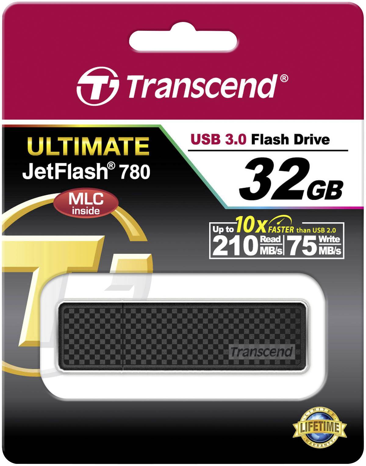 USB 3.0 Flash-drive, 32GB, van Transcend, Model 'Ultimate JetFlash 780', tot 210MB/s lezen, 75MB/s schrijven, Levenslange garantie.