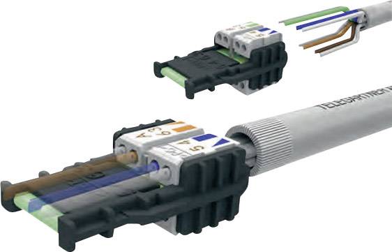 Close-up van een Ethernet-kabel met ontblote draden die worden aangesloten in een contactdoos. Het toont het aansluitproces.