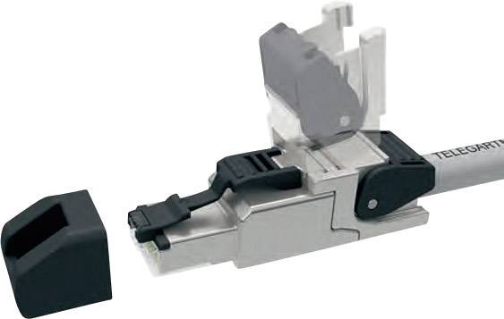 Een metalen RJ45-stekker van Telegärtner met verwijderde kunststof afdekking. Geschikt voor netwerkkabelverbindingen.