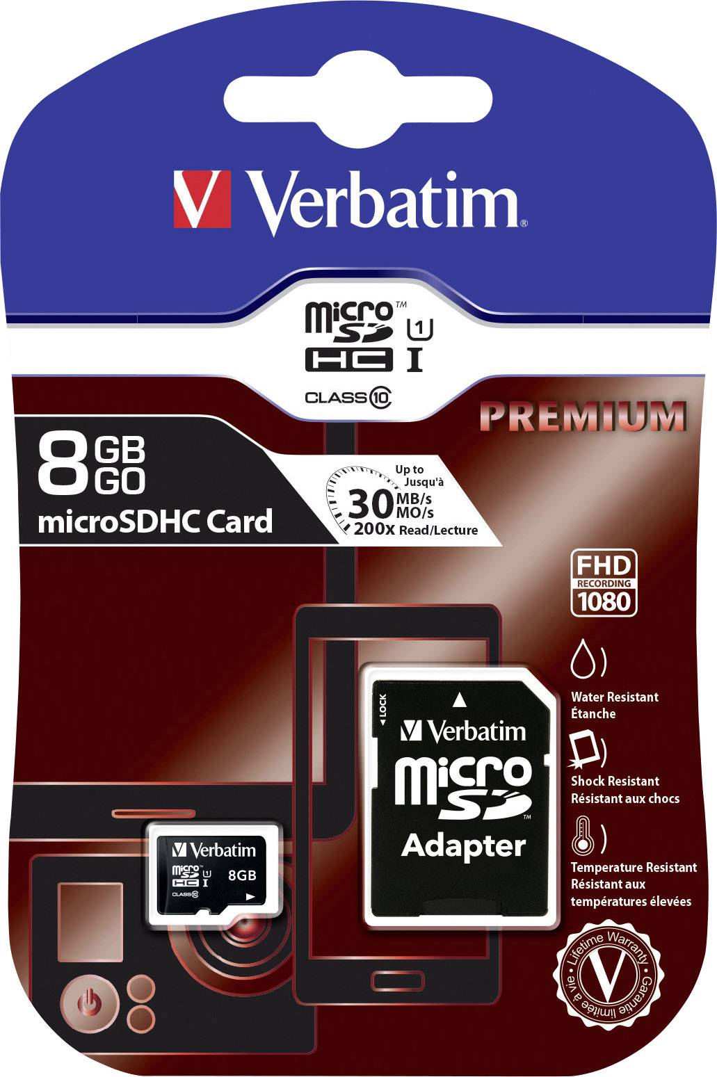 Verbatim MICRO SDHC 8GB CL 10 ADAP microSDHCkaart 8 GB Class 10 Incl