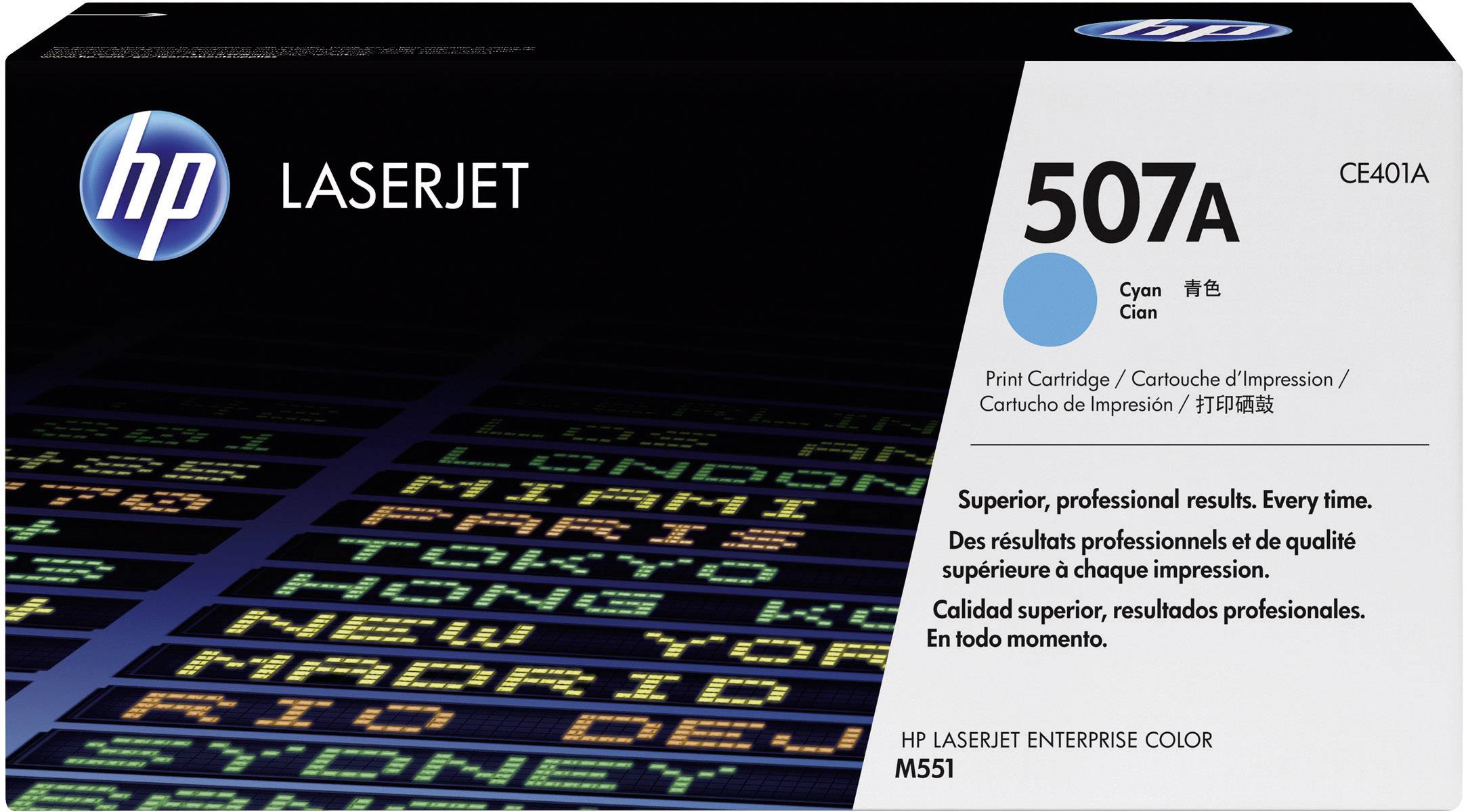 HP LaserJet 507A tonercartridge in Cyaan, Model CE401A. Voorkant van de verpakking met logo, cartridgenummer en beschrijving in meerdere talen.